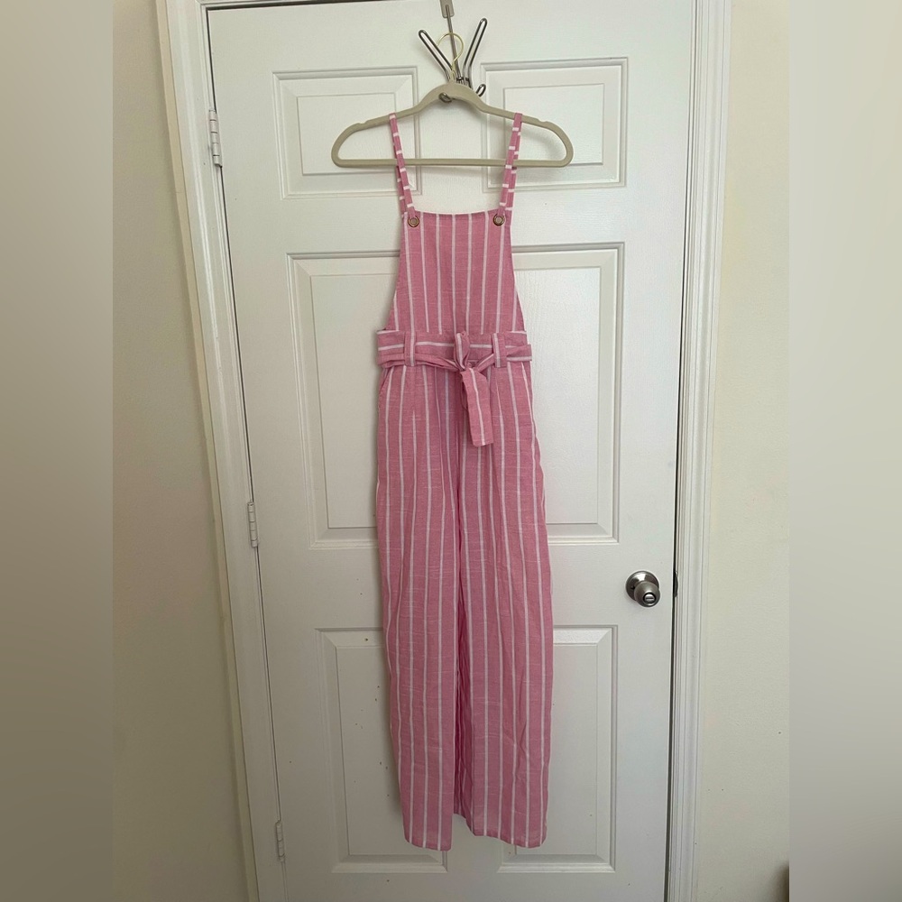 Pink and white striped overalls